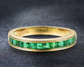 Emerald Wedding Band, 14k Gold Princess Cut Eternity Ring