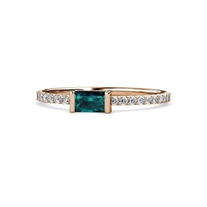 Genuine London Blue Topaz Baguette Cut Gemstone Ring / 14k Solid Gold Pave Set Diamond Ring / Minimalist Stackable Ring / Diamond Gift Band
