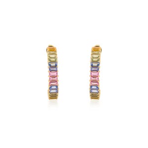 14k Solid Gold Rainbow Gemstone Statement Earrings | 6.20 CTW Multi Sapphire Engagement Earrings | Half Circle Hoop Earrings | Bridal Gift