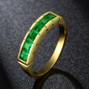 Demi-jonc éternité taille princesse émeraude 5 mm | Alliance serti barrette en or véritable 14 carats | Bijoux de guérison délicats en pierres précieuses | Bracelet cadeau femme
