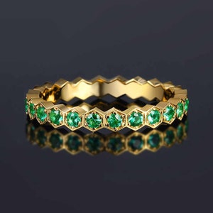 Demi anneau éternité avec pierres précieuses rondes de 3 mm / anneau empilable en or jaune véritable 14 carats avec émeraude naturelle / anneau cadeau de fiançailles avec pierre de naissance de mai