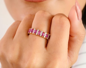 14k Yellow Gold Half Eternity Band | 4x2mm Marquise Cut Ruby & Diamond Wedding Ring | Stackable Fine Jewelry for Women | Bridal Gift Idea