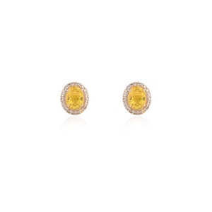 14k White Gold Diamond Halo Studs | 7x5mm Oval Cut Natural Yellow Sapphire Earrings | Bridal Wedding Jewelry | Graduation Gift For Wife