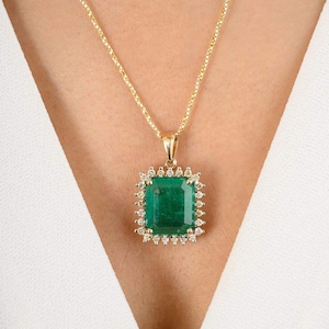 6.04 Ct Zambian Emerald Pendant | 14K Solid Gold Diamond Halo Necklace | Vintage Art Deco Wedding Jewelry | Elegant Bridal Gift For Her