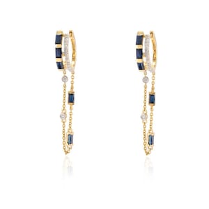14k Gold Diamond Hoop Engagement Earrings | 2.10 CTW Blue Sapphire Statement Hoops | September Birthstone Jewelry for Women | Gift for Wife