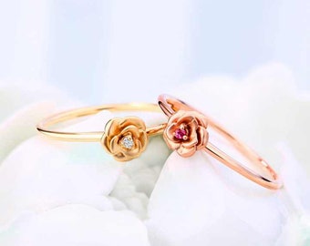 Flower Ruby Ring - Natural Ruby Vintage Ring - 14k Solid Gold Diamond Flower Ring - Rose Gold Ring - Promise Ring - Gift For Girlfriend Wife