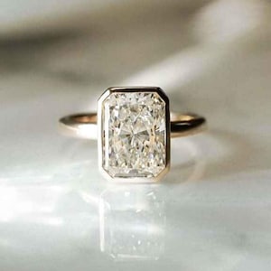 14k Solid Yellow Gold Wedding Ring / 2.25 Ct Emerald Cut Moissanite Everyday Wear Ring / Bezel Set Solitaire Ring / Valentine&#39;s Day Gift