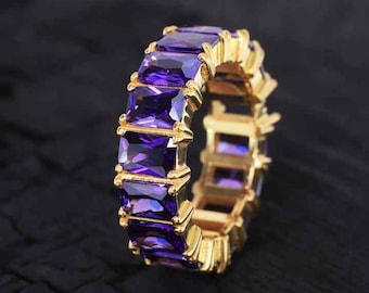 Banda de boda baguette de amatista púrpura, anillo delicado de promesa de oro sólido de 14 k, banda a juego de chica de eternidad completa, banda de regalo de boda para mujeres