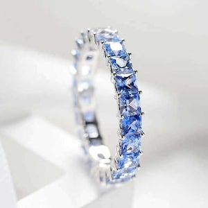 14k Solid Gold Multi Sapphire Wedding Band / 4mm Princess Cut Gemstone Full Eternity Band / Prong Set Sapphire Jewelry / Engagement Bands
