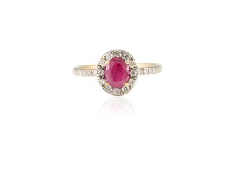 Anello con alone di diamanti in oro 14k / Anello con rubino naturale taglio a pera 7 x 5 mm / Gioiello da sposa minimalista / Regalo con pietra portafortuna di luglio / Regalo di compleanno per lei
