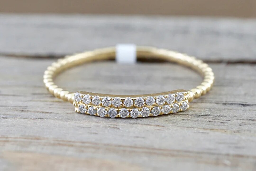 14k Yellow Gold Half Eternity Band Ring / 0.20 CT Diamond Dainty Band ...
