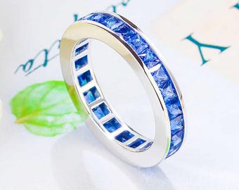 Genuine Tanzanite Full Eternity Band / Real 14k Gold Engagement Bridesmaid Band / 4mm Square Cut Gemstone Dainty Band / Valentine's Day Gift