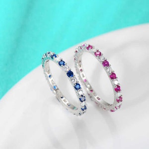 14k Solid Gold Sapphire and Diamond Wedding Band / Stackable Genuine Blue Sapphire Ring / September Birthstone / Minimalist Bridal Ring