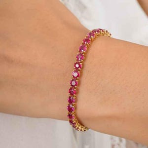 14k Solid Gold Ruby Tennis Bracelet | 13 CT Natural Ruby Women&#39;s Bracelet | Pink Gemstone Jewelry | Anniversary Gift | July Birthstone Gift