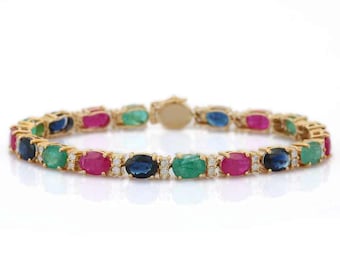 15.20 CTW Natural Precious Gemstone Tennis Bracelet | 14k Gold Diamond, Emerald, Ruby, Sapphire Wedding Bracelet | Multi Color Gift for Her