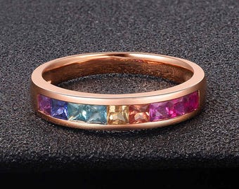 14k Real Gold Rainbow Sapphire Wedding Band / 4mm Princess Cut Gemstone Half Eternity Band / Sapphire Jewelry For Birthday / Party Wear Band