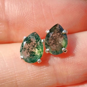 1.80 TCW Pear Cut Moss Agate Studs Earrings / Solid 14k White Gold Simple Solitaire Earrings / Green Gemstone Studs /  Art Deco Gift Studs