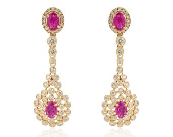 Orecchini pendenti da sposa con diamanti incastonati a castone da 2,29 ct / Orecchini da cocktail con rubino in oro massiccio 14 carati / Gioielli da festa / Regalo di fidanzamento per la fidanzata