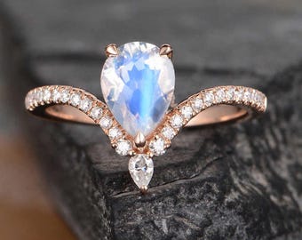 Natural 1.40 Ct Rainbow Moonstone Wedding Ring / 14k Solid Gold Vintage Curved Diamond Chevron Ring / Minimalist Dainty Bridesmaid Gift Ring