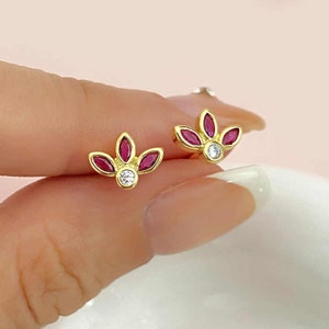 Burma Ruby Earrings in 14K Solid Gold / Marquise Floral Stud Earrings / Diamond Earrings for Women / July Birthstone Earrings / Gift for Mom