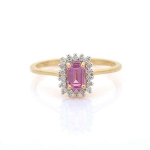 0.9CT 100% Natural Pink Sapphire Halo Engagement Ring / 14k Solid Gold Diamond Cluster Wedding Ring / Promise Ring For Her / Gift For Wife