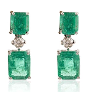 5.62 CTW Natural Emerald Dangle Earrings | 14k White Gold Diamond Wedding Earrings | May Birthstone Statement Jewelry | Gift for Sister