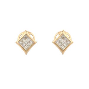 May include: A pair of gold earrings with a square diamond design. The earrings are set in a gold setting and have a diamond-shaped design.