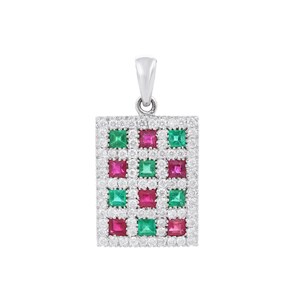 3mm Princess Cut Ruby Emerald Pendant | 14K White Gold Diamond Cluster Pendant | Statement Party Wear Jewelry | Anniversary Gift for Wife