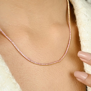 5.62 CTW Natural Pink Sapphire Sleek Tennis Necklace | 14k Yellow Gold Box Chain Wedding Jewelry | Bridal Statement Necklace | Gift for Wife