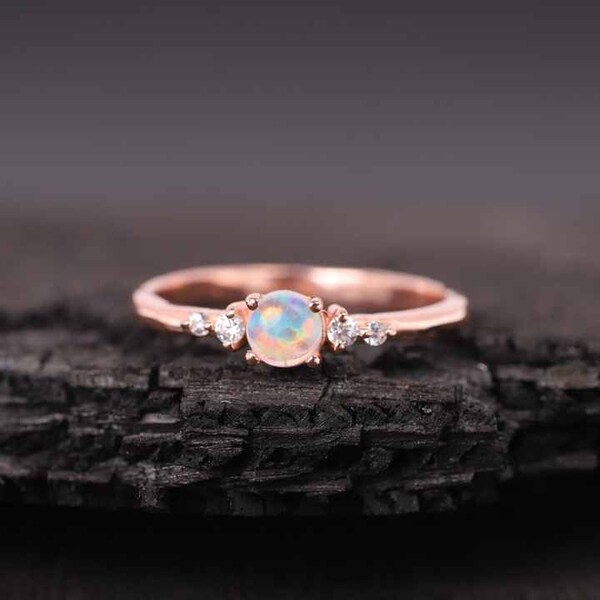 14K Gold Opal Diamond Engagement Ring, Rose Gold Ethiopian Opal Round Ring, Minimalist Three Stone Ring, Graduation Gift Daughter, Gift Ring