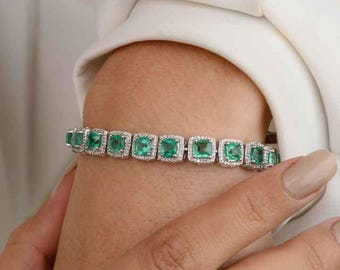 14.52 TCW Natural Zambian Emerald Tennis Bracelet | 14k Solid Gold Diamond Halo Engagement Bracelet | Luxury May Birthstone Gift For Wife