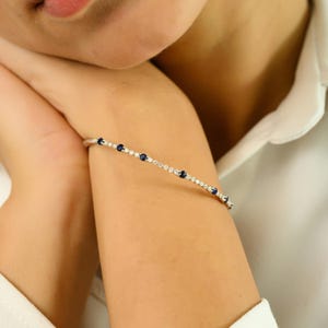 1.08 CTW Blue Sapphire & Diamond Bangle | 14k White Gold Stacking Bracelet | September Birthstone Jewelry For Women | Bridal Wedding Gift