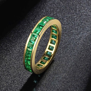 Natural Zambian Emerald Channel Set Anniversary Eternity Band / 4.10 TCW Handmade Gemstone Stacking Band / 14k Real Gold May Birthstone Band