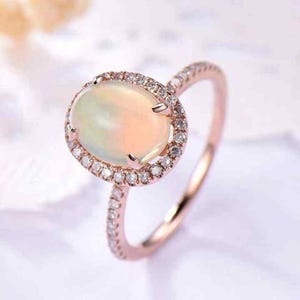 4.20 TCW Huge Fire Opal Cocktail Ring / Solid 14k Rose Gold Diamond Halo Wedding Ring / October Jewelry For Women / Bridal Engagement Ring