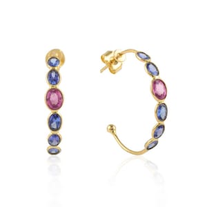 14k Solid Gold Multi Sapphire Huggie Hoops | 2.60 CTW Natural Sapphire C-Hoop Earrings | Rainbow Gemstone Hoops | Birthday Gift for Her