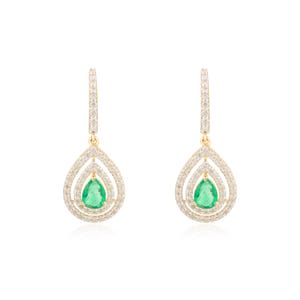 Handmade Solid 14k Gold Emerald Teardrop Earrings | 1.32 CTW Diamond Halo Drop Wedding Earrings | Bridal Statement Jewelry | Gift for Her