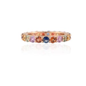 14k Solid Rose Gold Rainbow Sapphire Eternity Band | 2mm Round Cut Gemstone Wedding Ring | Minimalist Bridal Stack Band | Promise Ring Gift
