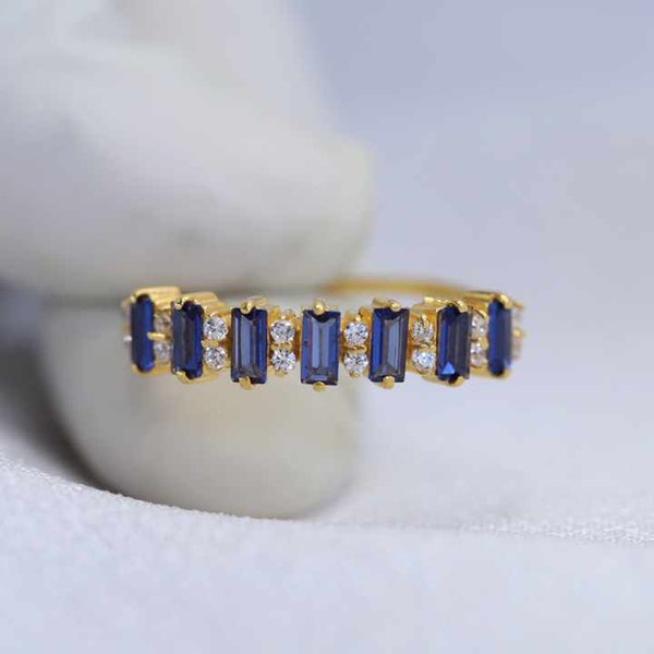 Princess Diana Certified Baguette Cut Blue Sapphire Ring, Princess Cut Diamond Eternity Band, Stackable Stacking Gold Ring, Gift To Wife