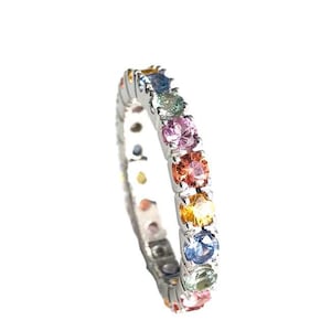Solid 14K Yellow Gold Stacking Band / 1.82 TCW Multi Color Sapphire Full Eternity Band / Birthday Gift Band / Wedding Fine Jewelry Gift