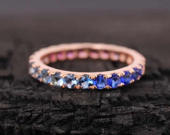 Natural Blue Sapphire Eternity Band Ring / 14k Solid Pink Sapphire Stackable Band Ring  / 2.1TCW Gemstone Engagement Band / Gift To Sister