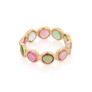 5.10 CT Natural Multi Tourmaline Ring / 14k Solid Gold Bezel Set Multi Color Gemstone Ring / Rainbow Wedding Band / October Birthstone Ring