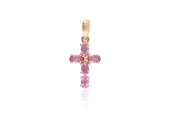 Solid 14k Gold Pink Sapphire Cross Pendant | 1.78 CT Natural Sapphire Religious  Necklace | Birthstone Wedding Jewelry | Gift for Daughter