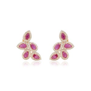 3.83 CTW Burma Ruby Wing Stud Earrings | 14K Yellow Gold Diamond Halo Bridal Jewelry | Art Deco Cocktail Fine Jewelry | Custom Gift For Wife