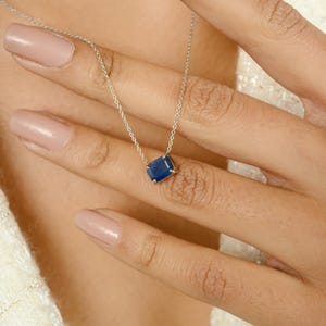 14k Solid Gold Blue Sapphire Solitaire Pendant | 8x6mm Emerald Cut Dainty Necklace | Wedding Birthstone Jewelry | Gift for Girlfriend Friend