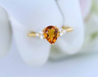 Natural Citrine Ring Pear Cut Gold Diamond Ring, Yellow Gemstone Ring, November Birthstone Ring, 14K Gold Diamond Ring, Wedding Diamond Ring