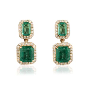 Orecchini pendenti in oro massiccio 14k con smeraldo / Orecchini con diamanti bianchi naturali da 0,6 carati / Gioielli da donna con pietra portafortuna / Regalo perfetto per la mamma