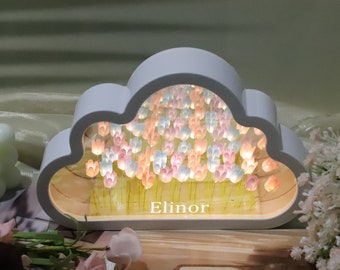 Espejo de nube de mar de flor de tulipán personalizado, luz nocturna de espejo decorativo de decoración floral, dormitorio de luces nocturnas LED, regalo del día de la madre, regalo para ella, mamá