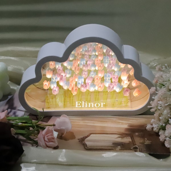 Miroir personnalisé tulipe, nuage, mer, veilleuse, miroir décoratif floral, veilleuse LED pour chambre à coucher, cadeau fête des mères, cadeau pour elle, maman