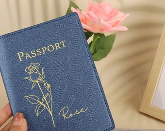 Personalized Passport Cover,Birth Month Flower Passport Holder & Luggage Tag,Leather Passport Cover, Custom Gifts for Mom, Mother's Day Gift