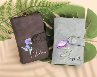 Brieftasche aus Leder mit Geburtsblume, Brieftasche mit Gravur, Muttertagsgeschenk, Geschenk für Sie, Geschenk für Mutter,Geburtstagsgeschenk